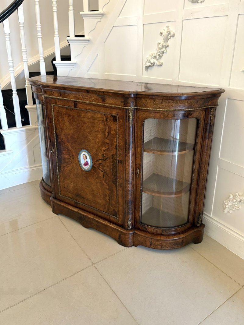 Outstanding Quality Antique Victorian Inlaid Burr Walnut Porcelain Mounted Credenza - Image 3